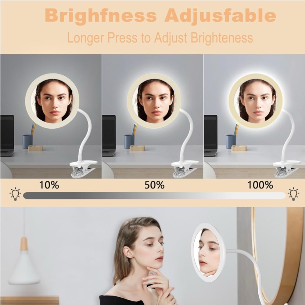 6.5" Clip On Gooseneck Makeup Vanity Mirror With Light, 2000mAh USB Lighted Trav - Picture 3 of 7